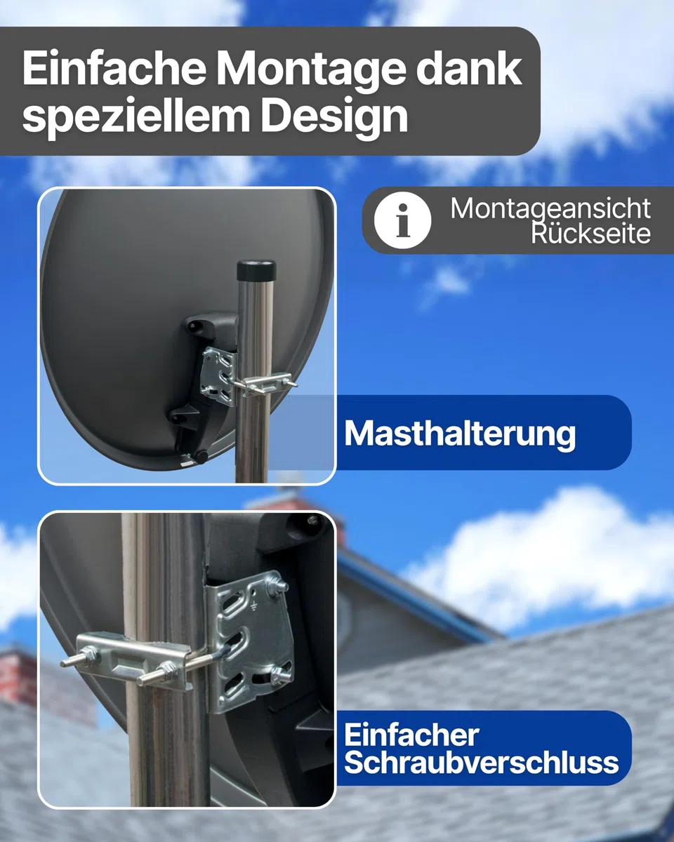 SCHWAIGER Satellitenschüssel Komplettset - Ø 60 cm Stahl Offset Antenne in Anthrazit - Inkl. sonnengeschütztes Twin LNB - Digital HD & 4K Empfang - Hitzebeständig & wetterfest