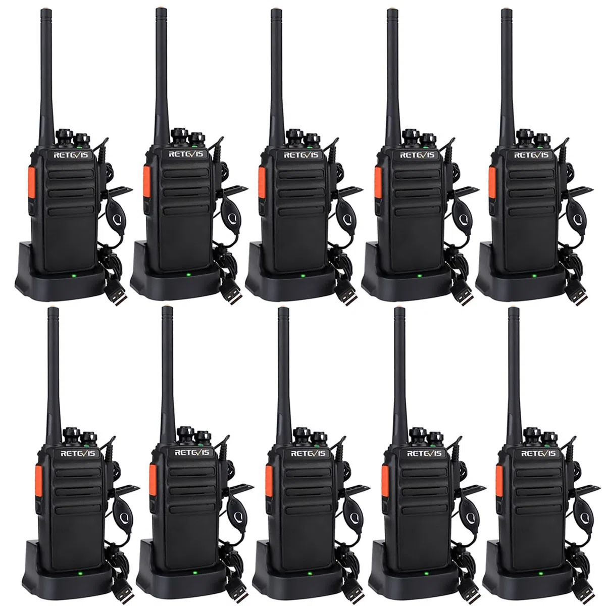 Retevis RT24 Plus Funkgerät Set, Walkie Talkie PMR Lizenzfrei Profi, 16 Kanäle Wiederauflabar USB Ladeschale,Walkie Talkie 10er Set mit Headset für Schule,Transport(10 STK, Schwarz)