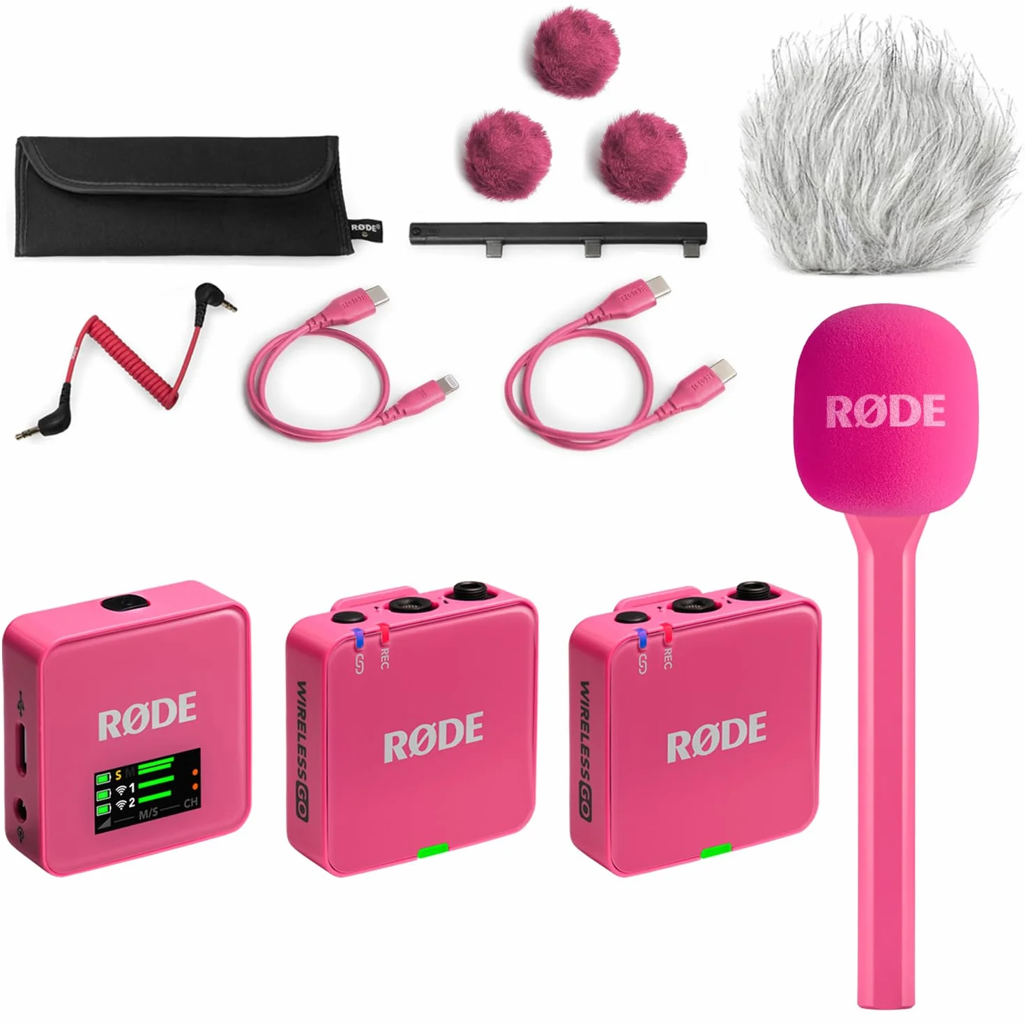 Rode Wireless GO Gen 3 Drahtloses 2-Kanal Mikrofon-Funksystem Pink mit Interview GO Handadapter Pink und keepdrum Fell-Windschutz