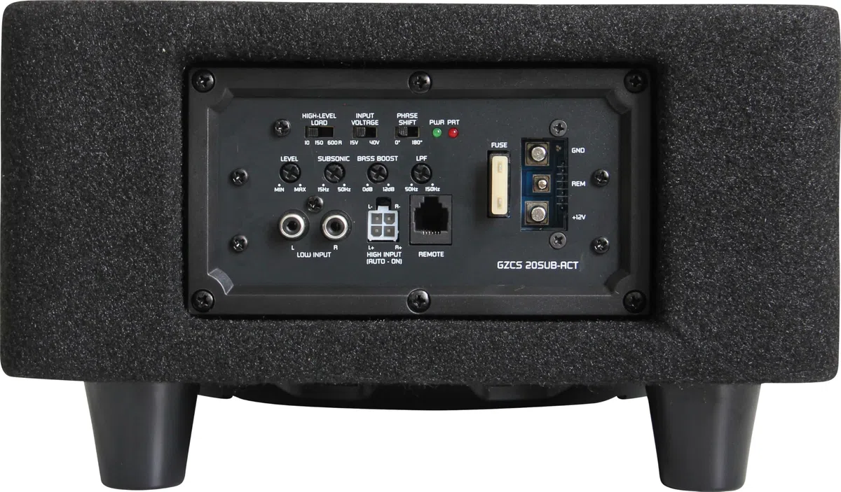 Ground Zero GZCS 20SUB-ACT Aktiv-Gehäusesubwoofer, 20cm, 250W RMS, 50-150Hz, Downfire, 9-16V, Holz