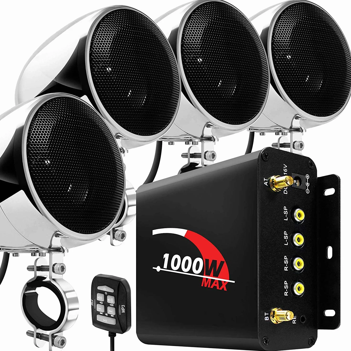 1000W 4 Kanal Motorrad Verstärker 4 "Full Range Wasserdicht Bluetooth Motorrad Stereo Lautsprecher Audio System mit AUX USB SD FM Radio für 1-1.5" Lenker Harley Cruiser ATV UTV (Chrom, net)
