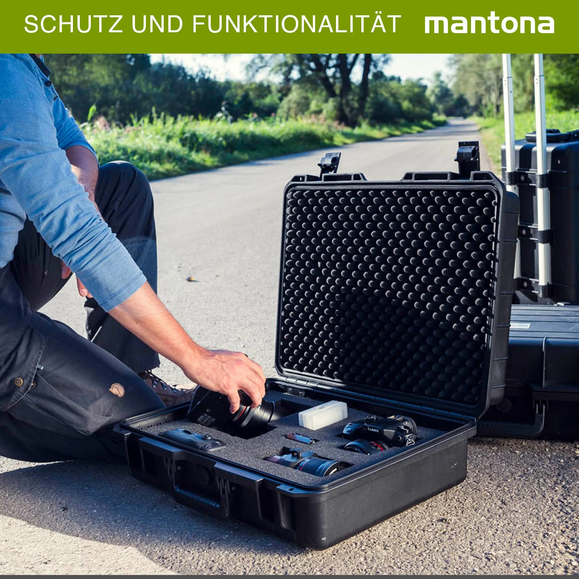 Mantona Outdoor Schutzkoffer L, wasserdichter Fotokoffer 31 l , Kamerakoffer staubdicht & stoßfest, Transportkoffer mit Schaumstoffeinlagen, ideal für Kameras, Objektive & Zubehör