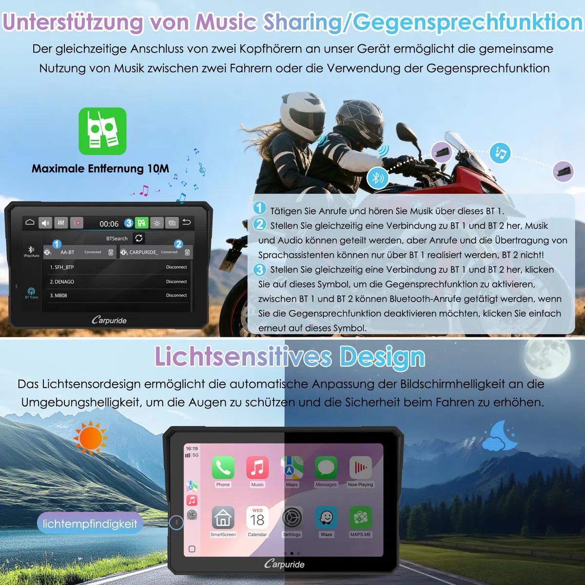 CARPURIDE W702RS Pro Motorrad Carplay Bildschirm mit Radar BSD und BM05 Halterung, Wireless CarPlay & Android Auto, 7 Zoll wasserdichter Touchscreen, Gegensprechfunktion, Dual Bluetooth