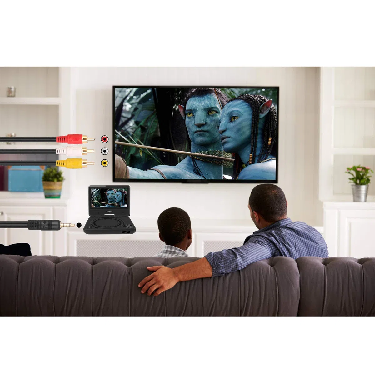 WONNIE Tragbarer DVD-Player, 19,1 cm DVD-Player für Kinder und Auto, schwenkbarer Bildschirm, unterstützt SD-Karte, USB, CD, DVD mit AV IN/OUT Integrierter 4 Stunden wiederaufladbarer Akku