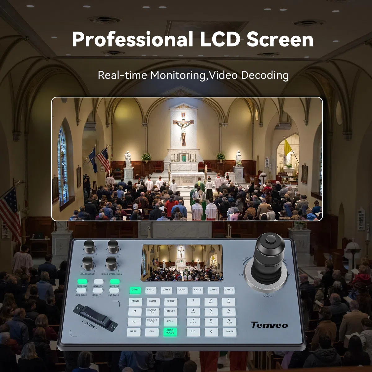 Tenveo PTZ Controller mit Joystick, Unterstützt VISCA,PELCO D/P-Protokoll,PoE/RS232/RS485/RS422/RJ45 Variable Speed 4D Joystick, Controller für Kirche Live Streaming