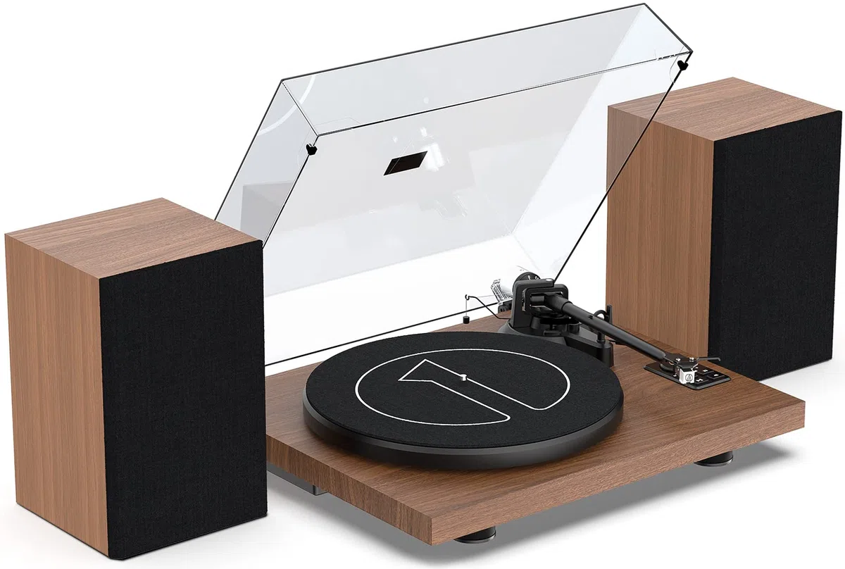 1 by ONE HiFi Bluetooth Plattenspieler mit USB-Anschluss MM System 33/45 U/min Auto-Stopp und Phono-Vorverstärker Riemenantrieb Vinyl Record Player mit 2 Lautsprechern