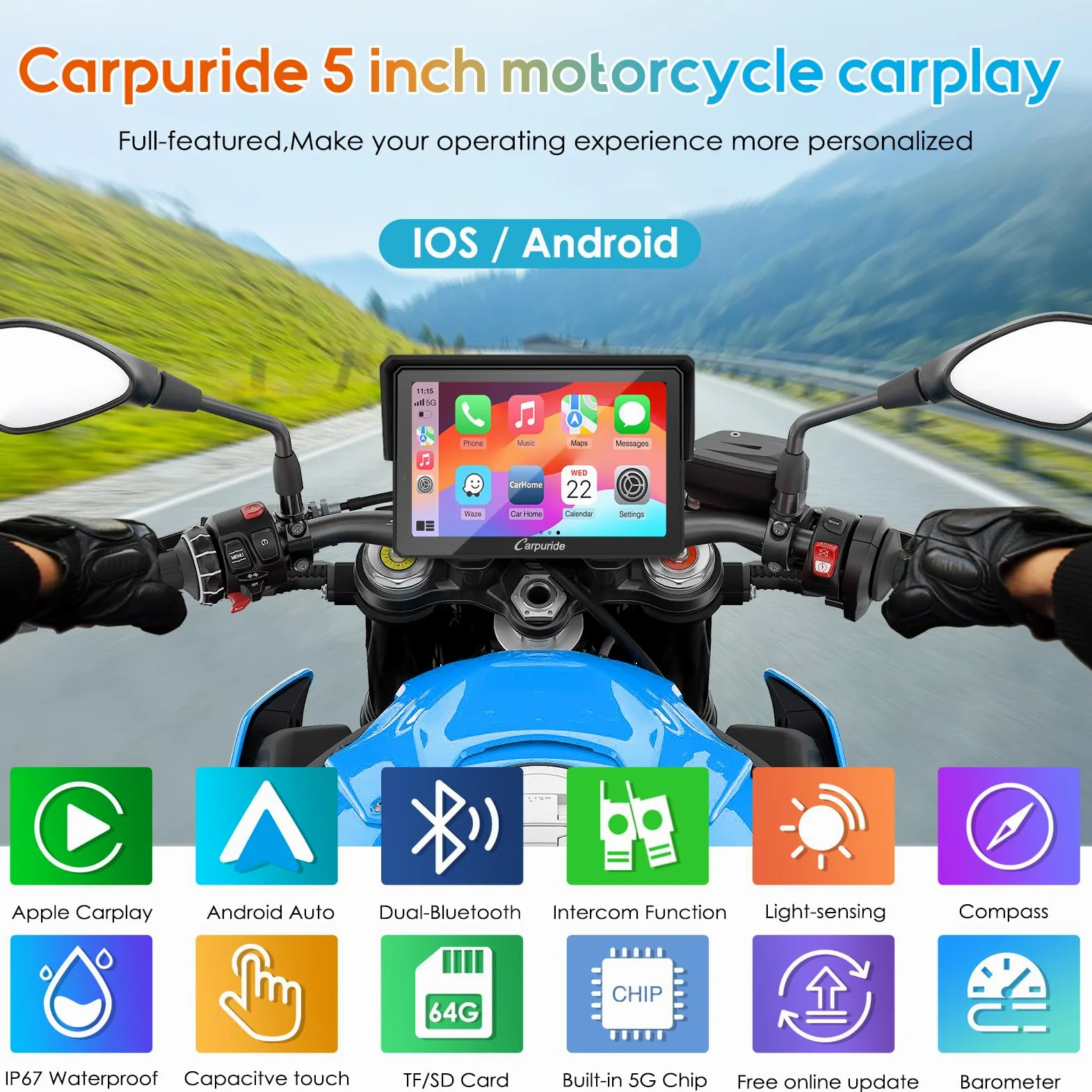 Carpuride W502PRO für Motorrad CarPlay & Android Auto & Dual Bluetooth - 5 Zoll wasserdichter GPS-Navigation für Motorrad, Musik-Sharing, Gegensprechanlage, EQ, Lichtsensor, Kompass, Barometer