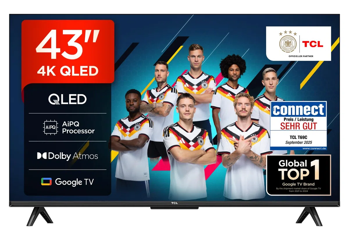 TCL 43T69C 43 Zoll QLED, Direct LED TV, 4K HDR TV, Smart Google TV (Dolby Vision & Atmos, Game Master, Motion Clarity, Kompatibel mit Google Assistant & Alexa)