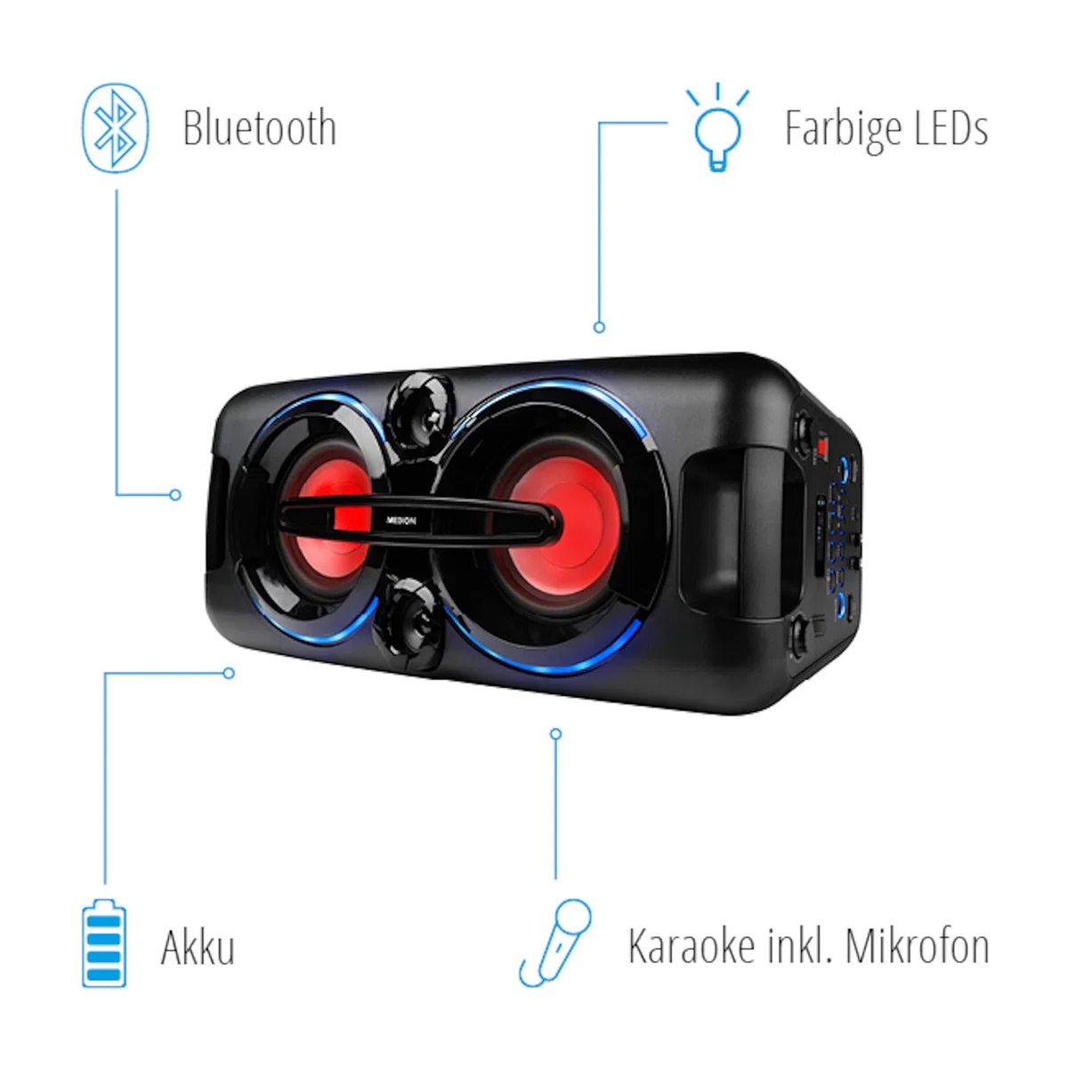 MEDION P67013 Party-Soundsystem (Partylautsprecher Karaoke, Bluetooth, Kompaktanlage, 440 Watt, Farbige LED, PLL UKW Radio, USB, AUX, Mikrofonanschluss)