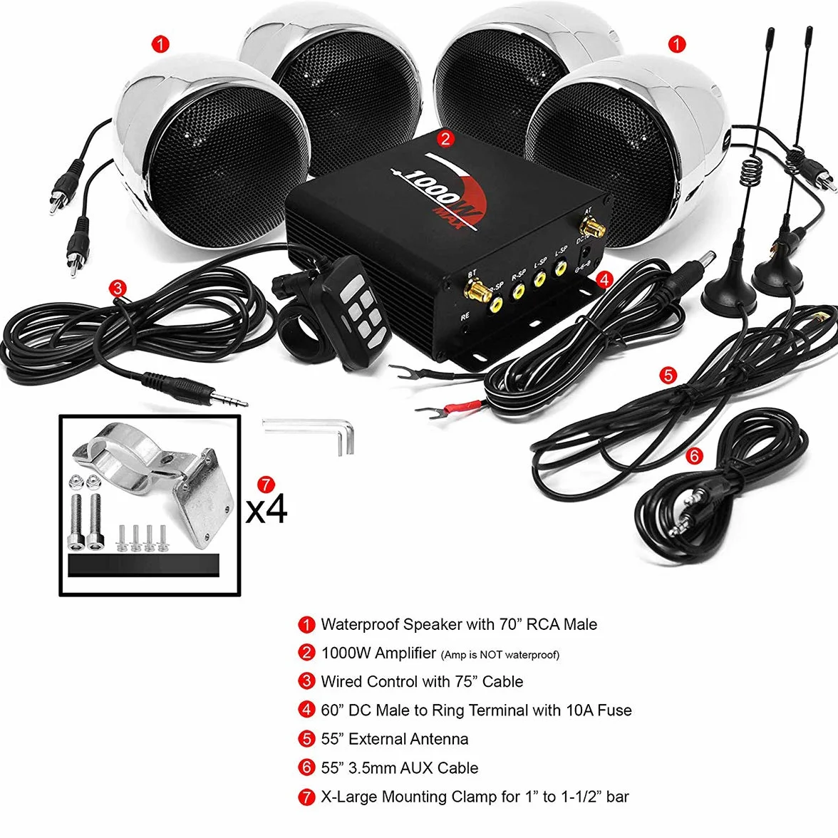1000W 4 Kanal Motorrad Verstärker 4 "Full Range Wasserdicht Bluetooth Motorrad Stereo Lautsprecher Audio System mit AUX USB SD FM Radio für 1-1.5" Lenker Harley Cruiser ATV UTV (Chrom, net)