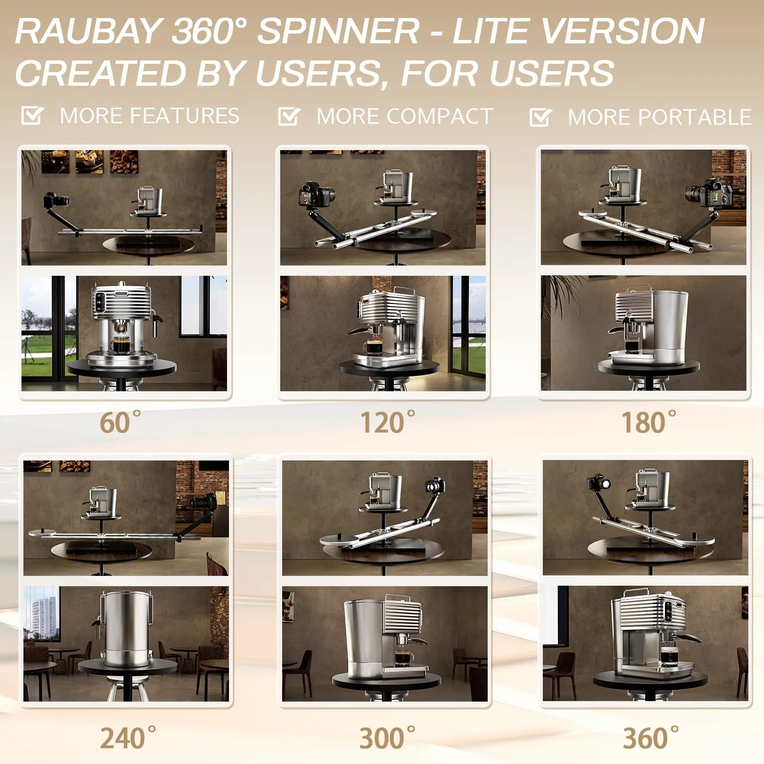 RAUBAY 360-Grad-Spinner (Lite-Version), professioneller Fotografie-Drehteller, Foto-Video-Plattform, drehbarer Kamera-Schieber für kommerzielle Videos, Essensaufnahmen, Produktfotografie, Bullet-Time