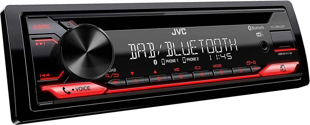 JVC KD-DB622BT CD-Autoradio mit DAB+ und Bluetooth Freisprecheinrichtung (Soundprozessor, USB, AUX-In, Spotify Control, 4 x 50 Watt, rote Tastenbeleuchtung, Ohne Antenne)