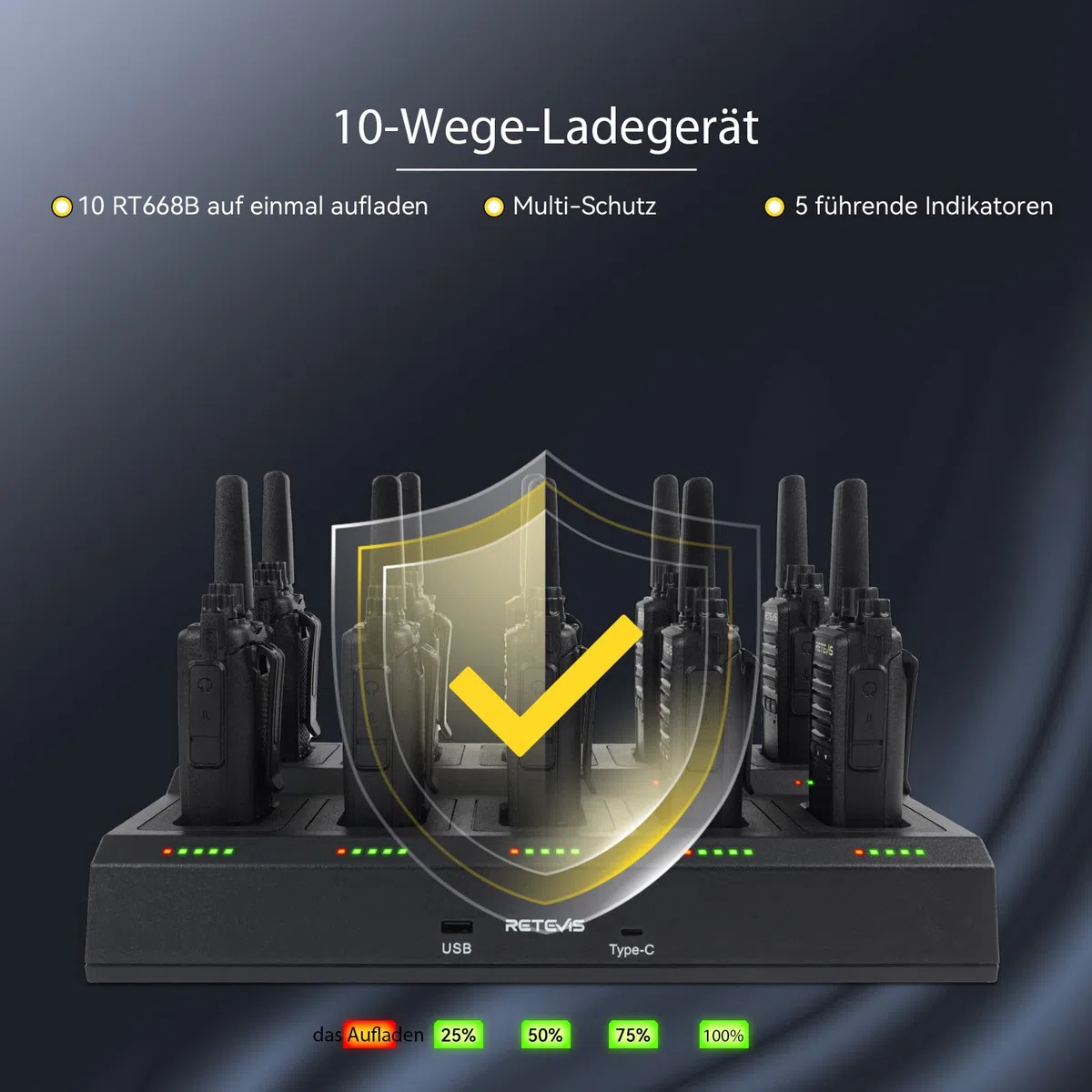 Retevis RT668B Walkie Talkie, PMR446 Funkgerät, USB-C, 16 Kanäle, Wiederaufladbare Funkgeräte Set für Sicherheit, Restaurant, Lager (Mit 10-Wege-Ladegerät)