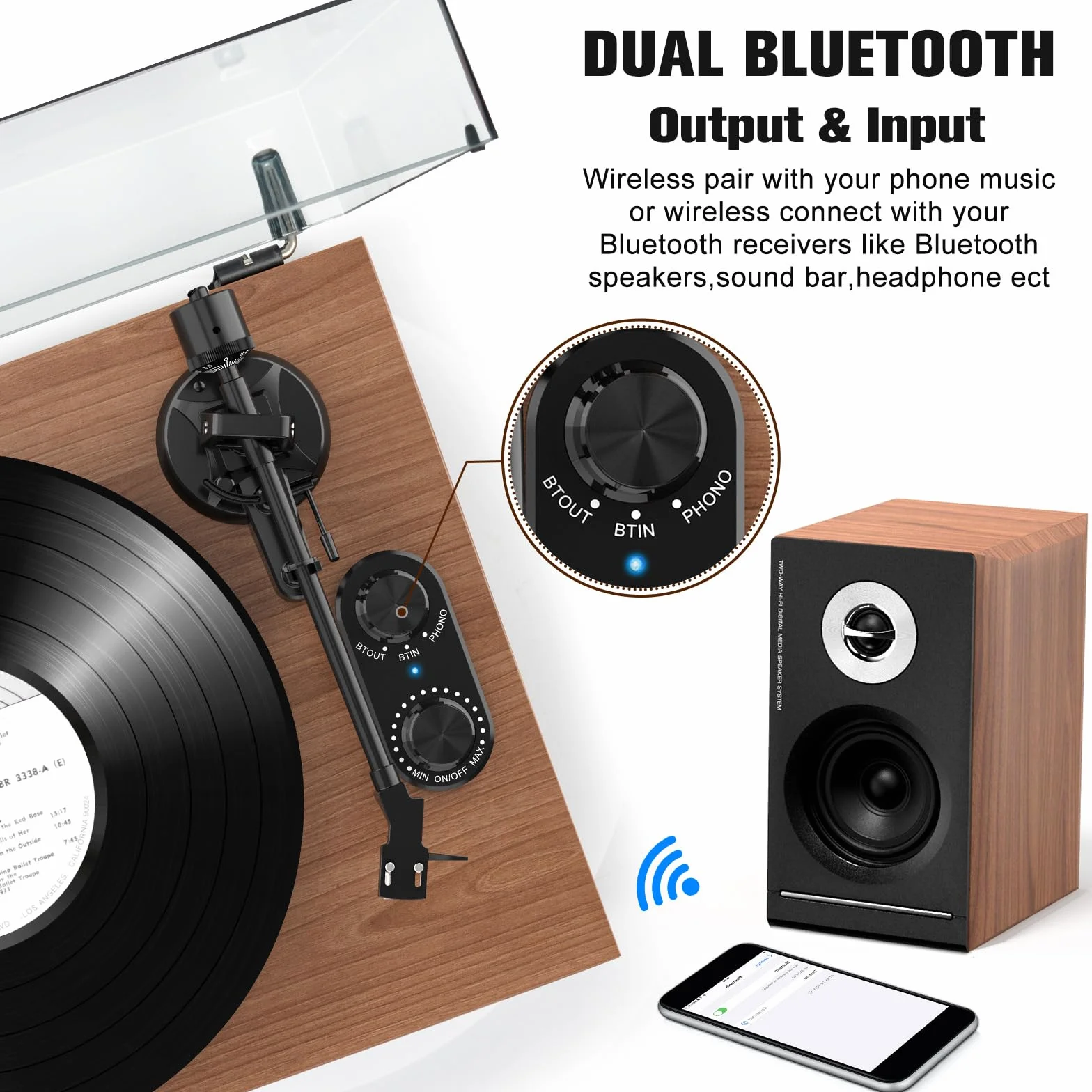 Udreamer Plattenspieler mit Integriertem Vorverstärker, Hi-Fi-System mit 40-W-Regallautsprechern, Bluetooth, Aluminium-Plattenteller, Riemenantrieb mit 2 Geschwindigkeiten, AT-3600L Braun