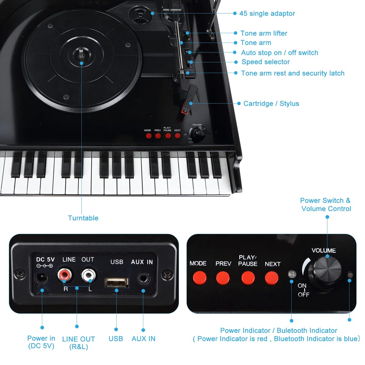Vosterio Vinyl Plattenspieler, 3-Gang Schallplattenspieler mit eingebauten Stereo-Lautsprechern, Plattendreher mit Bluetooth-Empfangsfunktion und Bluetooth-Ausgang, USB-Spieler, Vinyl-zu-MP3, Klavier