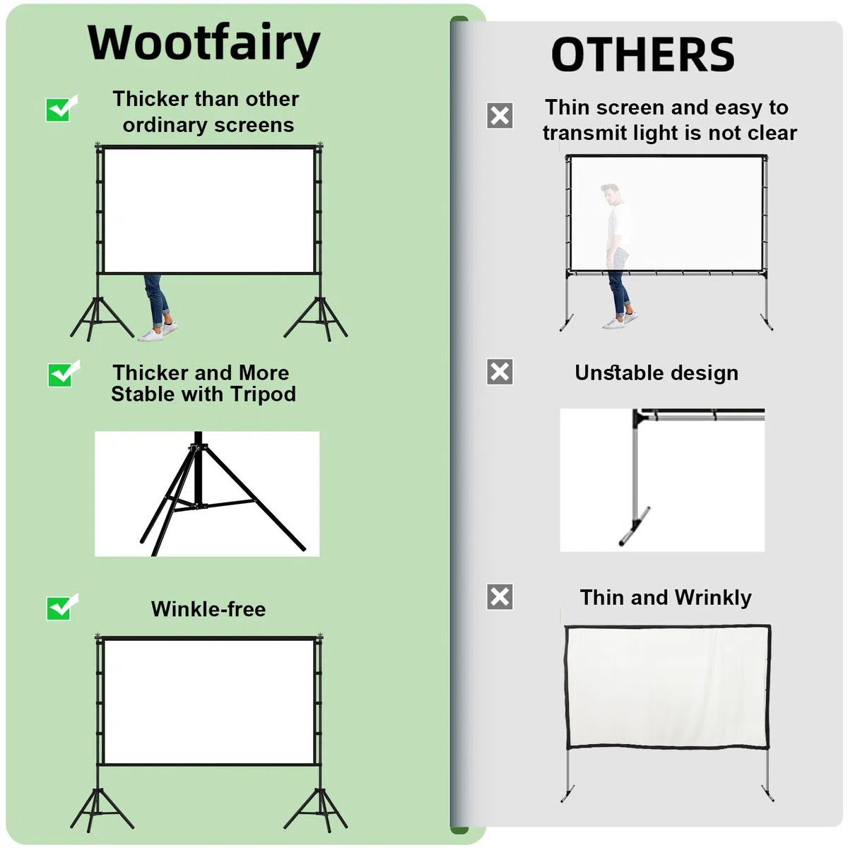 Wootfairy 100" tragbare Faltbare Projektionsleinwand mit Stativ, 16:9 4K HD, vorne/hinten projizierbar, knitterfrei, inkl. Tragetasche – Heimkino & Outdoor