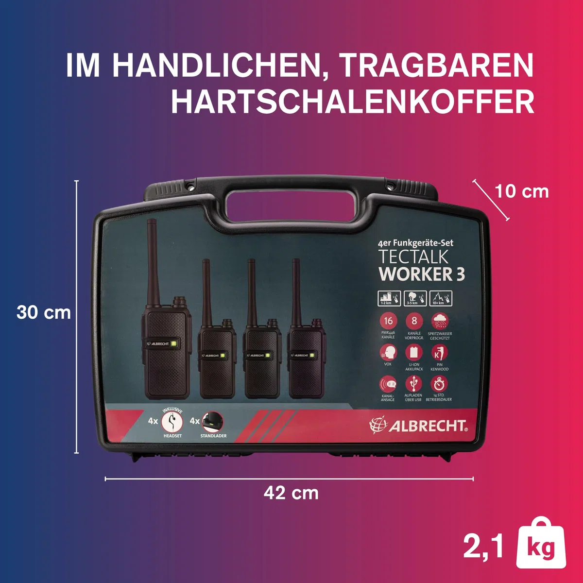 Albrecht Tectalk Worker 3 Koffer-Set, 4 Walkie-Talkies & Zubehör, PMR446-Funkgeräte mit VOX, robust für Baustelle, Security, Betrieb & Outdoor