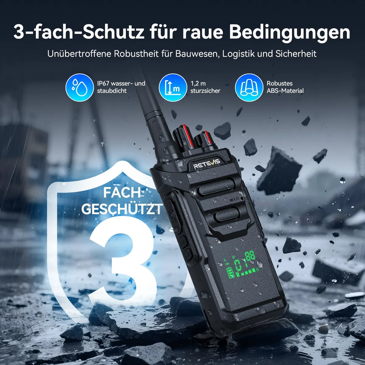 Retevis RT648H Walkie Talkie mit 6-Wege-Ladung, PMR446 Funkgerät 3-Proof, Schnellladung, Integriertem Display, 1500 mAh, Professionelles 2-Wege-Radio für Schulen, Hotels (6er-Pack)