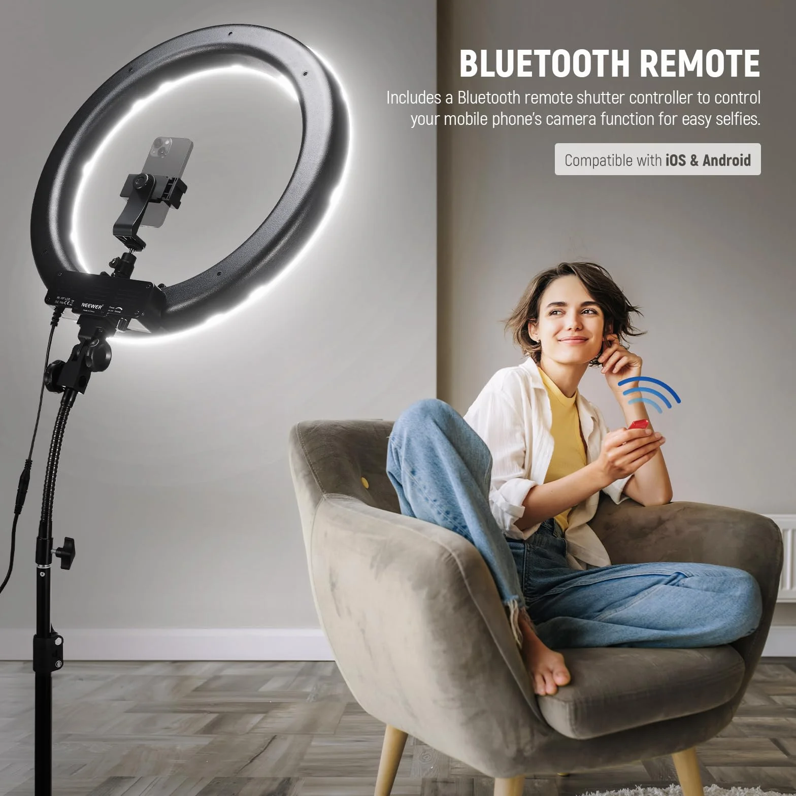 NEEWER Ringlicht mit Stativ Set: 18 Zoll/45cm Außen 55W 5600K Dimmbare LED Ringleuchte mit Bluetooth Fernbedienung für Handy/Kamera für YouTube TikTok Self Porträt Foto, Tätowierer, Make up, Salons
