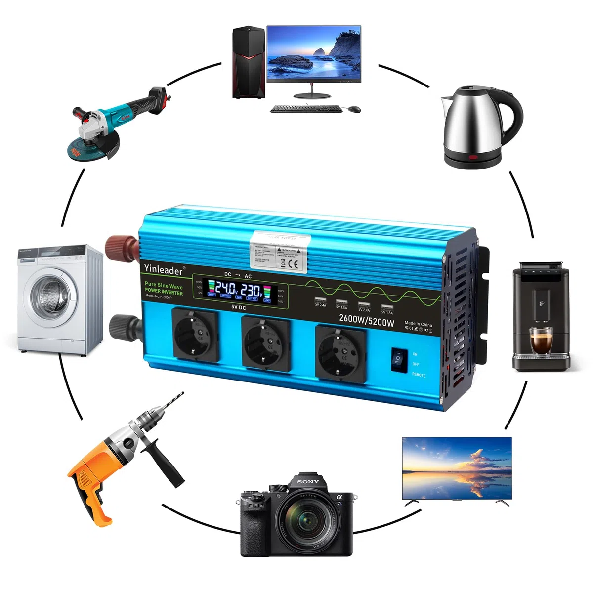 Yinleader 2600W /5200W Wechselrichter 24V auf 230V Reiner Sinus Spannungswandler mit LCD-Display, 3 Steckdosen & 4 USB, Heavy Duty Inverter für LKW, Boot
