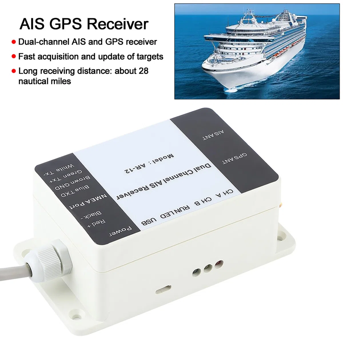 AR12 Zweikanal-AIS-Empfänger, GPS, USB, Yacht, Dampfschiff, NMEA-Port, Navigator, Marine-Elektronik-Empfänger, Premium-ABS-Material, leicht, kompaktes Design, große Reichweite, 28