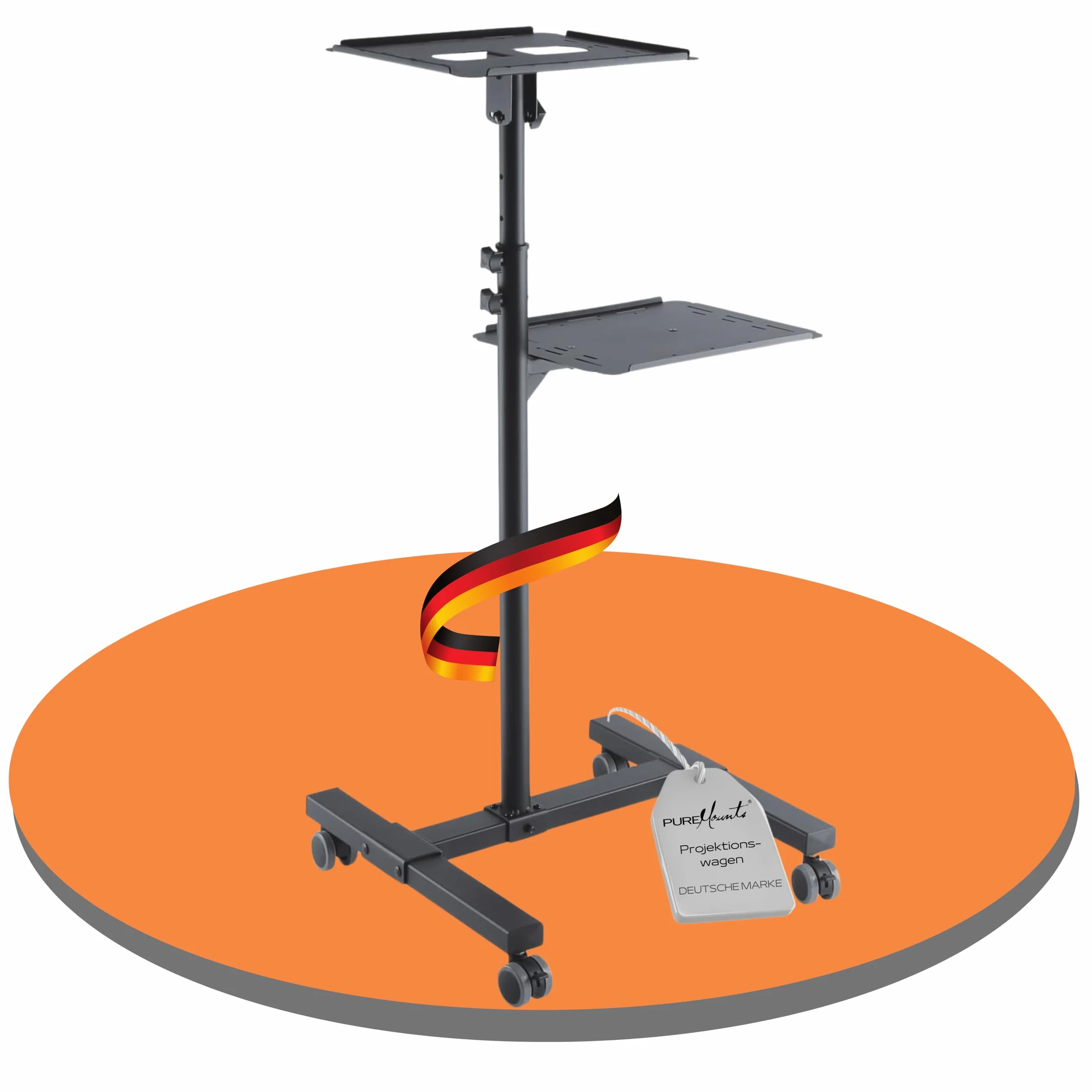 PureMounts PM-PCART-10 - Neigbarer Projektionswagen/Projektionstisch für Beamer und Projektor, flexibel einstellbar (950mm bis 1450mm), feststellbare Rollen, Tragkraft 10kg, Farbe schwarz