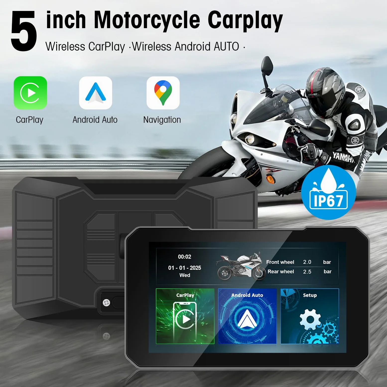 LEXXSON 5 Zoll Motorrad Carplay Display, Wireless Carplay & Android Auto, IP67 wasserdichtes GPS-Navigationsgerät, HD-Touchscreen, schneller Start, Audio- und Videotrennung für Motorräder
