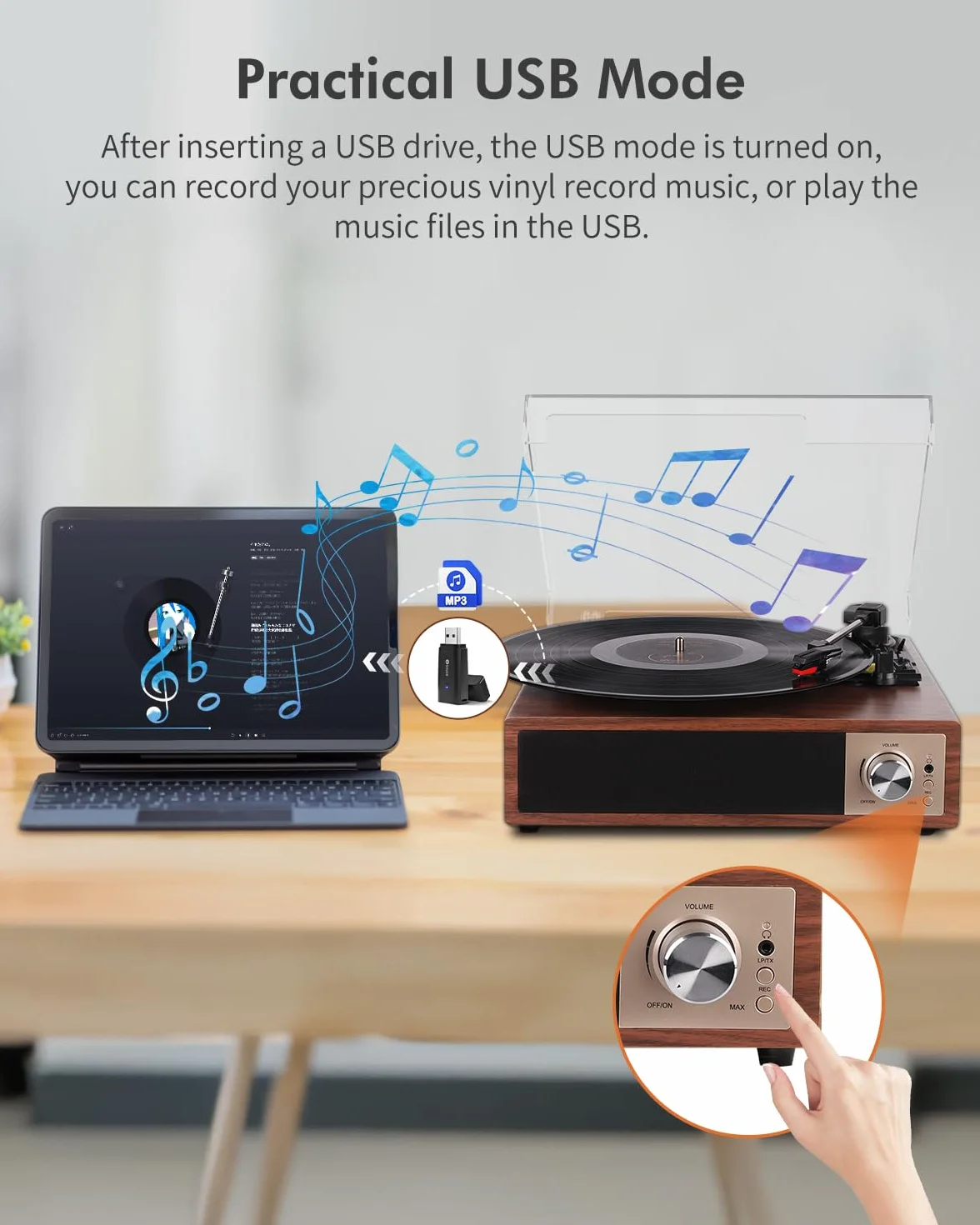 VIFLYKOO Plattenspieler, Schallplattenspieler Bluetooth 5.4 mit 2 Stereo-Lautsprecher, Wireless 3-Gang 33/45/78 u/min, Vinyl Player unterstützt Kopfhöreranschluss/AUX-Eingang/RCA-Ausgang/USB, Mahagoni