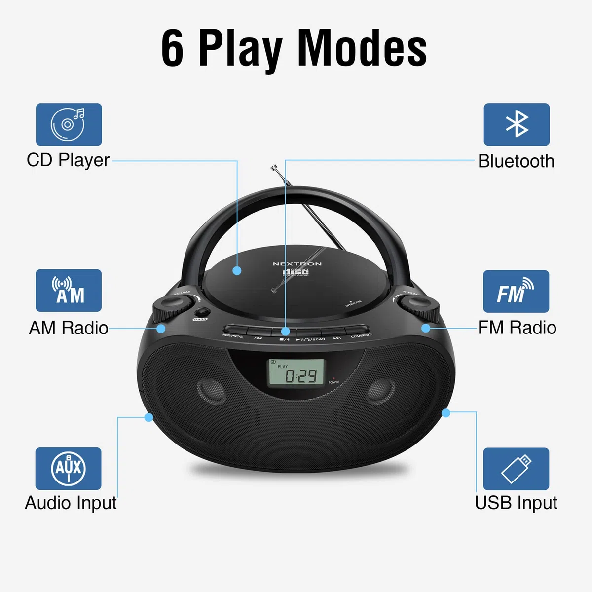 Nextron Tragbarer Bluetooth-CD-Player mit AM/FM-Radio-Stereo-Soundsystem, CD-/MP3-/WMA-Wiedergabe, USB- und AUX-Anschlüssen, Kopfhöreranschluss, LCD-Display, funktioniert mit AC/DC