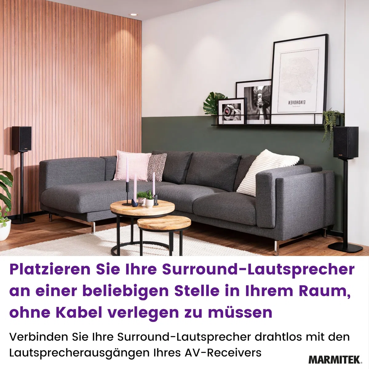 Marmitek Surround Anywhere 221 - Kabelloser Lautsprecher-Sender - Digitaler Audio-Sender ohne Latenz – integrierter Verstärker & Lautstärkeregelung – Surround Lautsprecher drahtlos | Rear Adapter für Heimkino, drahtlose Rücklautsprecher, Sender Empfänger