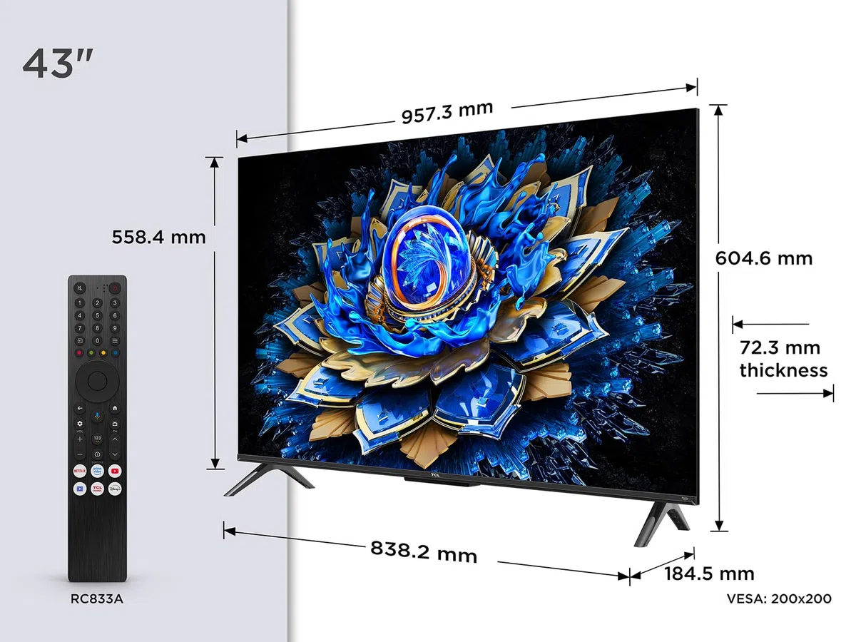 TCL 43T69C 43 Zoll QLED, Direct LED TV, 4K HDR TV, Smart Google TV (Dolby Vision & Atmos, Game Master, Motion Clarity, Kompatibel mit Google Assistant & Alexa)