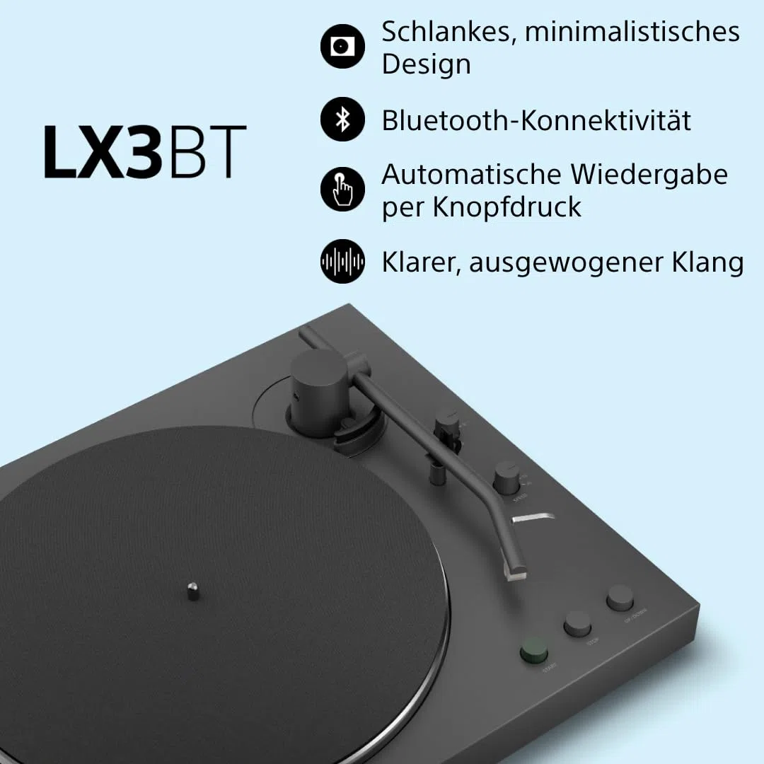 Sony PS-LX3BT kabelloser Bluetooth-Plattenspieler mit vollautomatischer Wiedergabe, Hi-Res Audio, Riemenantrieb, integriertem Phono-Vorverstärker, 2 Geschwindigkeiten und Staubschutzhaube – Schwarz
