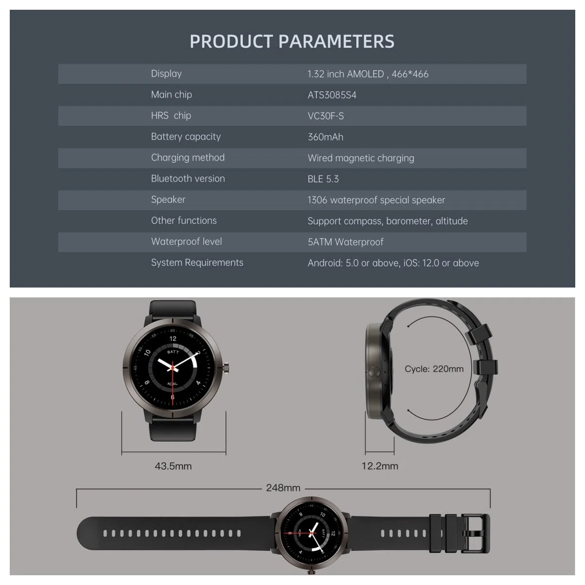 beyerswerk Alpha Sport Smartwatch mit GPS für Männer und Frauen, wasserdichte 5 ATM Schwimmuhr, Anrufe tätigen/annehmen, 1.32'' AMOLED-Display, Fitness-Tracker, Herzfrequenz- und Schlafmonitor