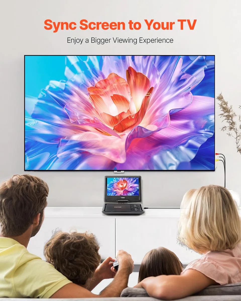 VEVOR tragbarer DVD-Player mit drehbarem HD-Bildschirm (256 mm), eingebauter Akku mit 4 Std. Laufzeit, 2 Lautsprecher, unterstützt Synchronisierung von TV/USB/SD-Karte/CD/DVD, Autoladegerät schwarz