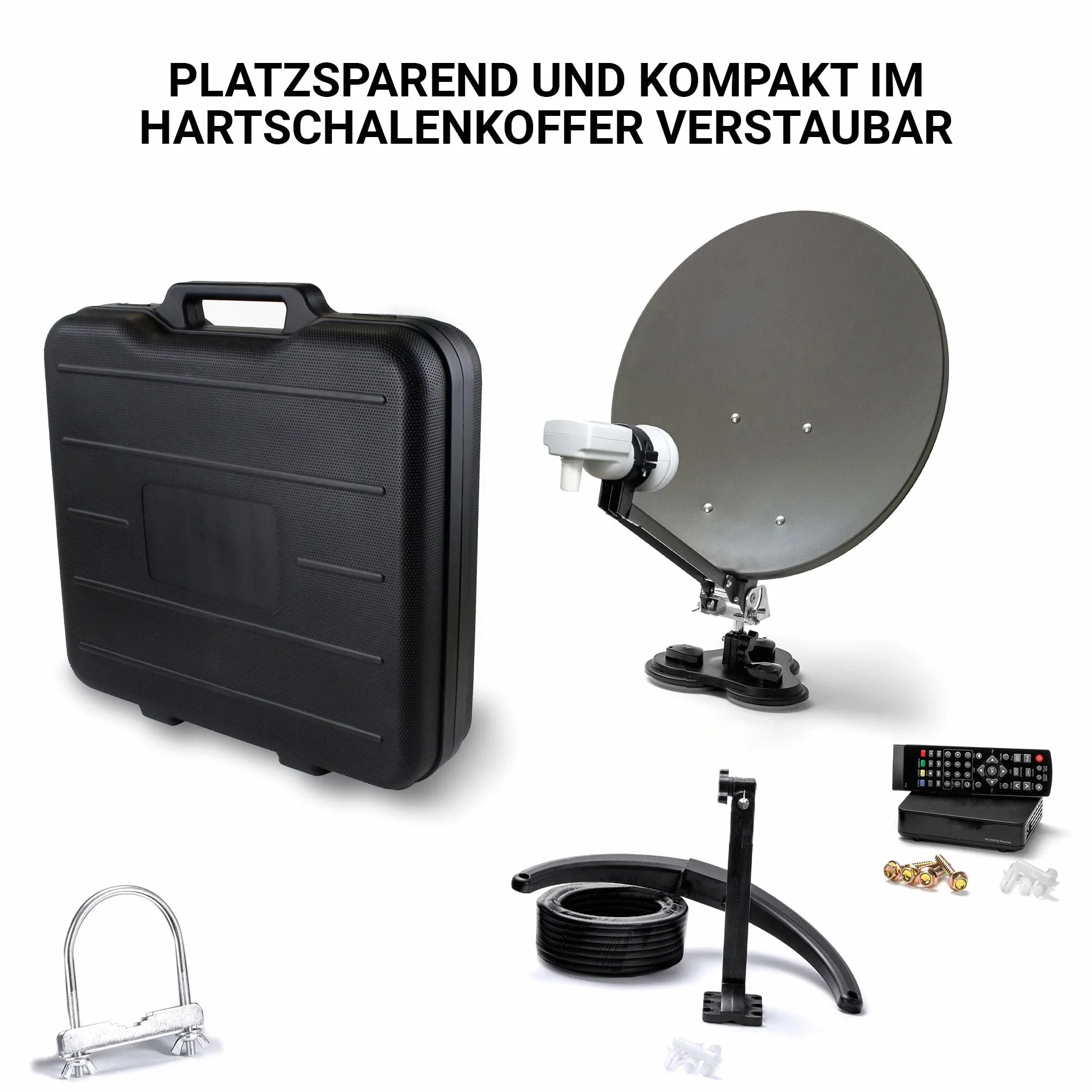 XORO 38,5 cm Camping Satellitenantenne MCA 38 HD Set, inkl. FullHD DVB-S2 Receiver, Single LNB mit integriertem Satfinder, 10m Kabel, Halterungen, im Hartschalenkoffer