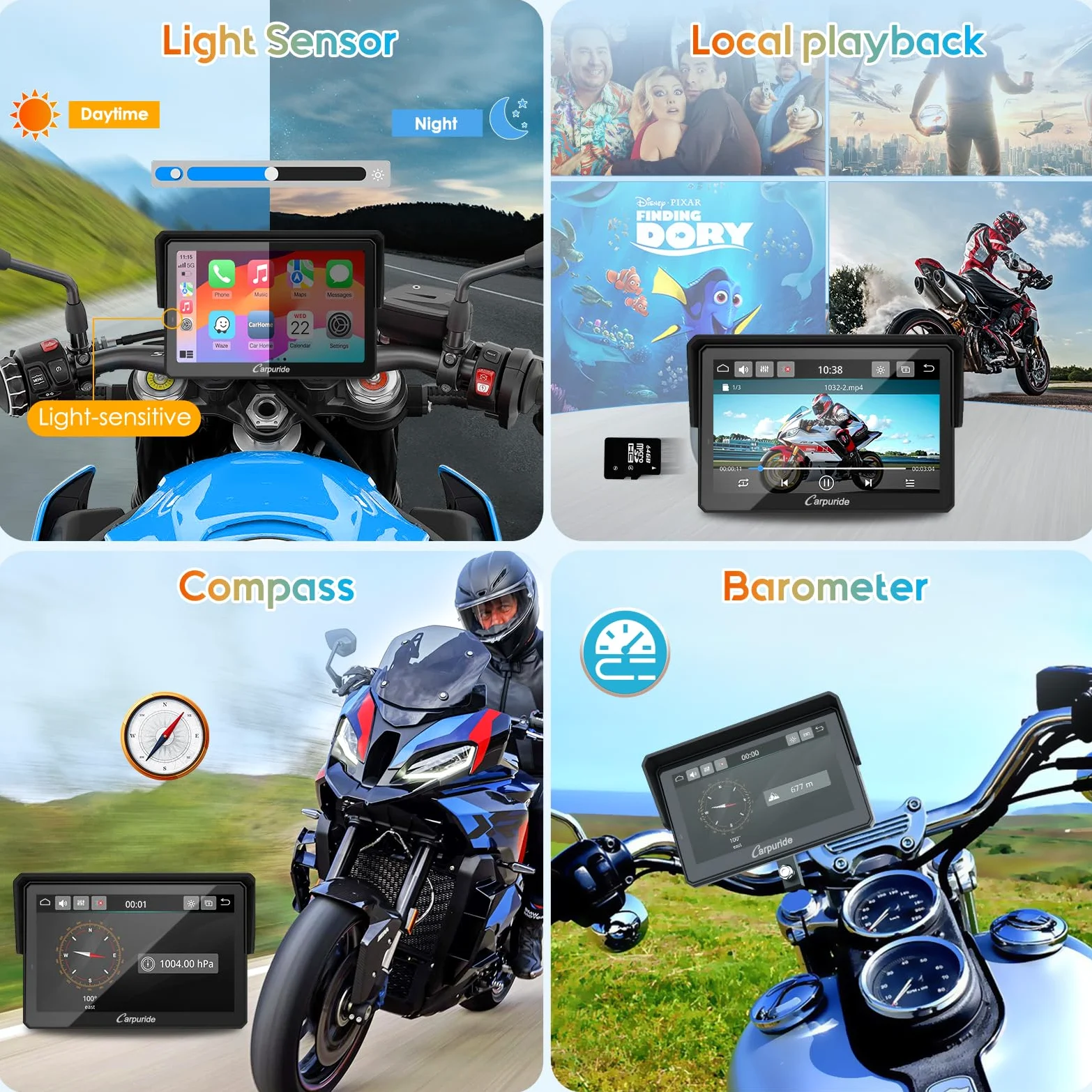 Carpuride W502PRO für Motorrad CarPlay & Android Auto & Dual Bluetooth - 5 Zoll wasserdichter GPS-Navigation für Motorrad, Musik-Sharing, Gegensprechanlage, EQ, Lichtsensor, Kompass, Barometer