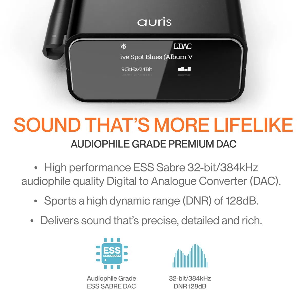 Auris Blume Pro Hi-Fi Bluetooth 5.3 Musik-Receiver - Bluetooth-Adapter mit Audiophilem DAC, LDAC, AptX HD, OLED-Display, Optischem Koaxialem AUX-Ausgang für Home Stereo, AV-Receiver oder Verstärker