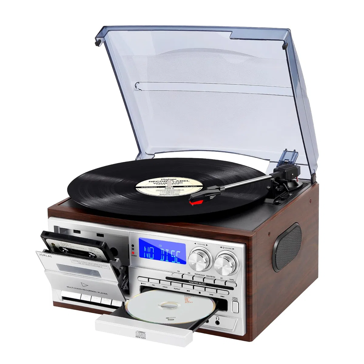 9-in-1 Plattenspieler Vintage Record Player mit Bluetooth, CD, Kassette, AM/FM-Radio, USB/SD-Kodierung, Aux Eingang, RCA Line Out Silber