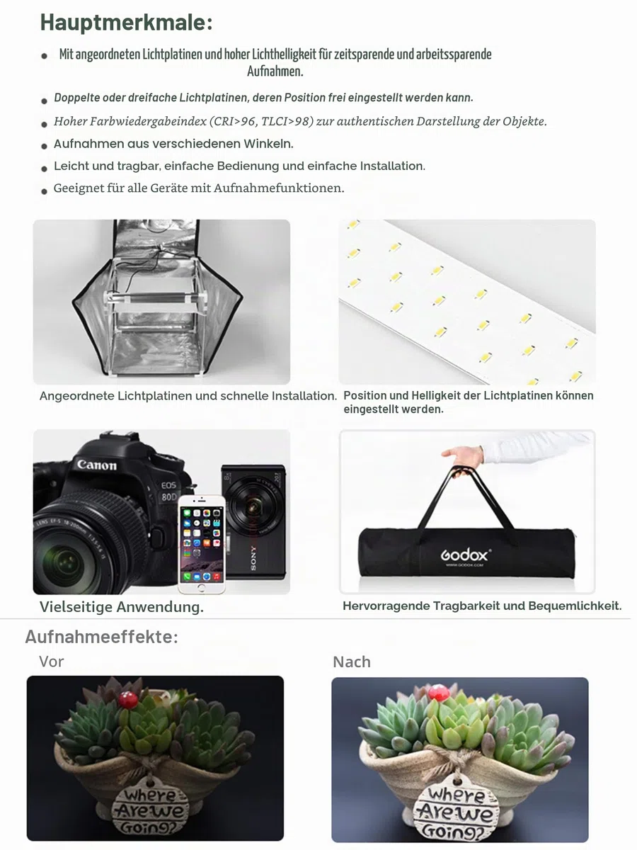 Godox Portable Triple Light LED Ministudio - 80x80x80cm - Professionelle Fotostudiobeleuchtung, Produktfotobox, Mini-Fotostudio für Produktfotos
