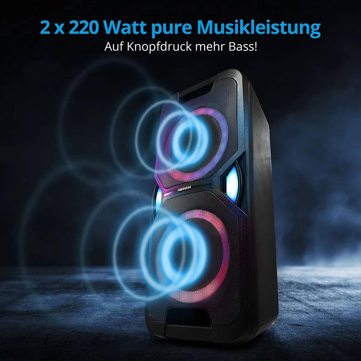 MEDION P67038 Party-Soundsystem (Partylautsprecher, Karaoke, Akku, UKW Radio, Bluetooth 5.0, Kompaktanlage, 2X 220 Watt, Farbige LED, USB, AUX, 2X Mikrofonanschluss)