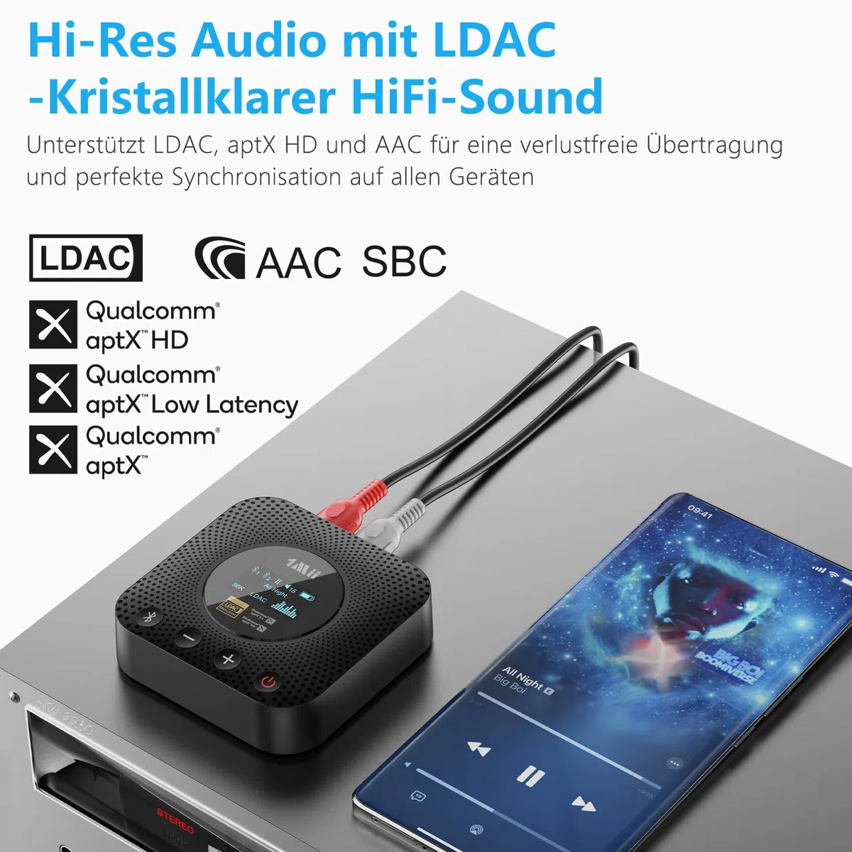 1Mii B06HD+ Hi-Res Bluetooth 5.3 Receiver mit LDAC & aptX HD, Audiophiler DAC & OLED-Display – Kabelloser Audio-Empfänger für Stereoanlage & Lautsprecher (Optisch/Cinch/Koaxial)