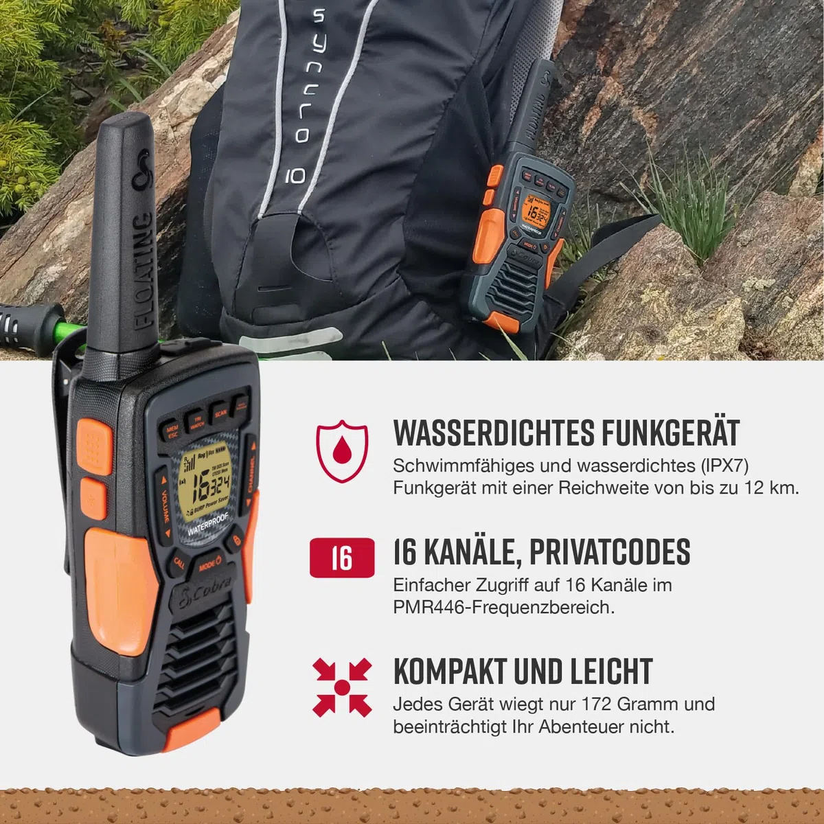 Cobra AM1055 Schwimmfähige und wasserdichte Walkie-Talkies (2er-Pack) – 12 km Reichweite, 16 Kanäle und 121 Codes zur Privatsphäre, VibrAlert, Wiederaufladbare Zwei-Wege-Funkgeräte, Schwarz