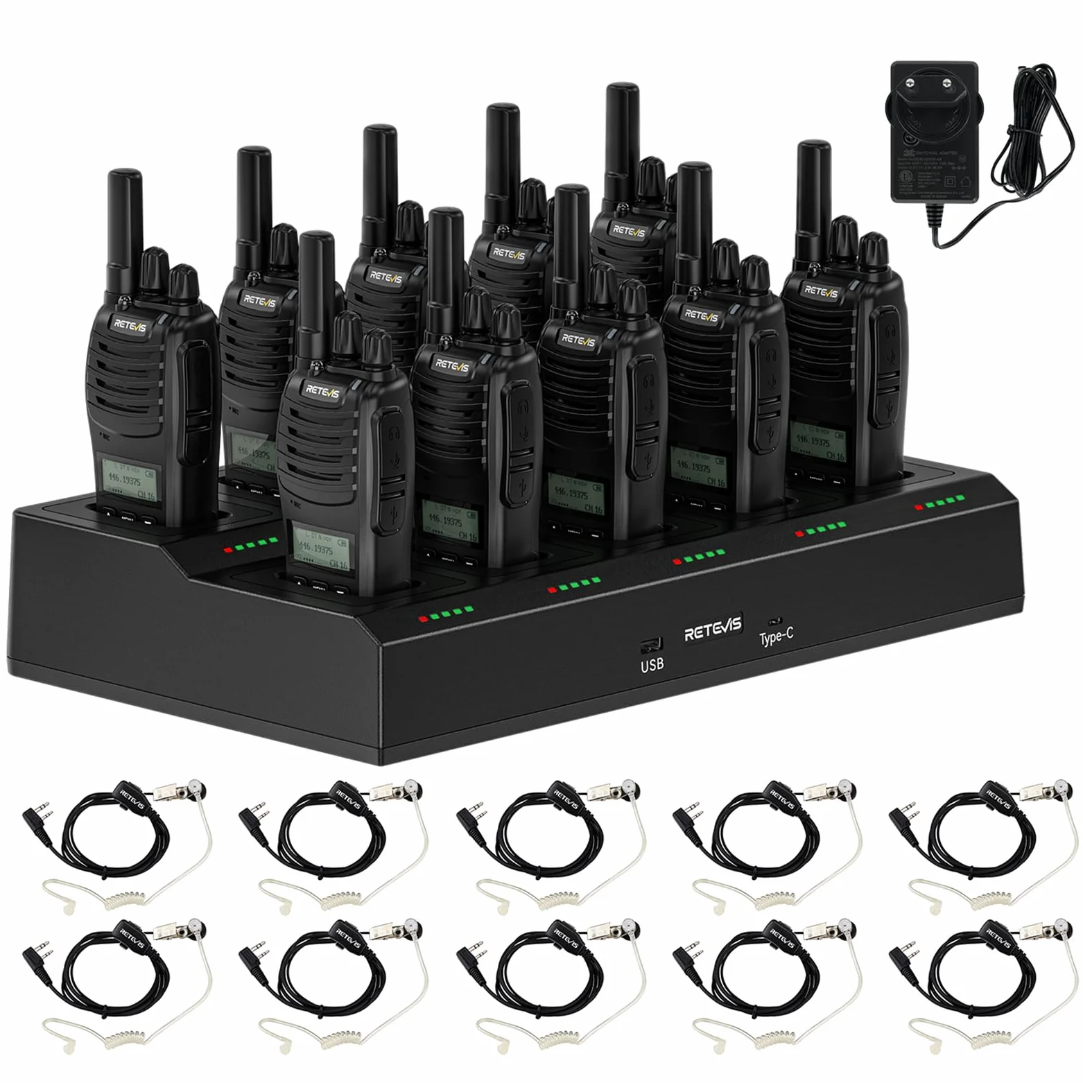 Retevis H777D Funkgeräte Professional, Walkie Talkie mit 10-Wege-Ladegerät, PMR Funkgerät LCD-Display, 1200 mAh Akku, Typ-C-Ladung, Funkgeräte Set mit Headset für Sicherheit, Hotel (10er-Pack)