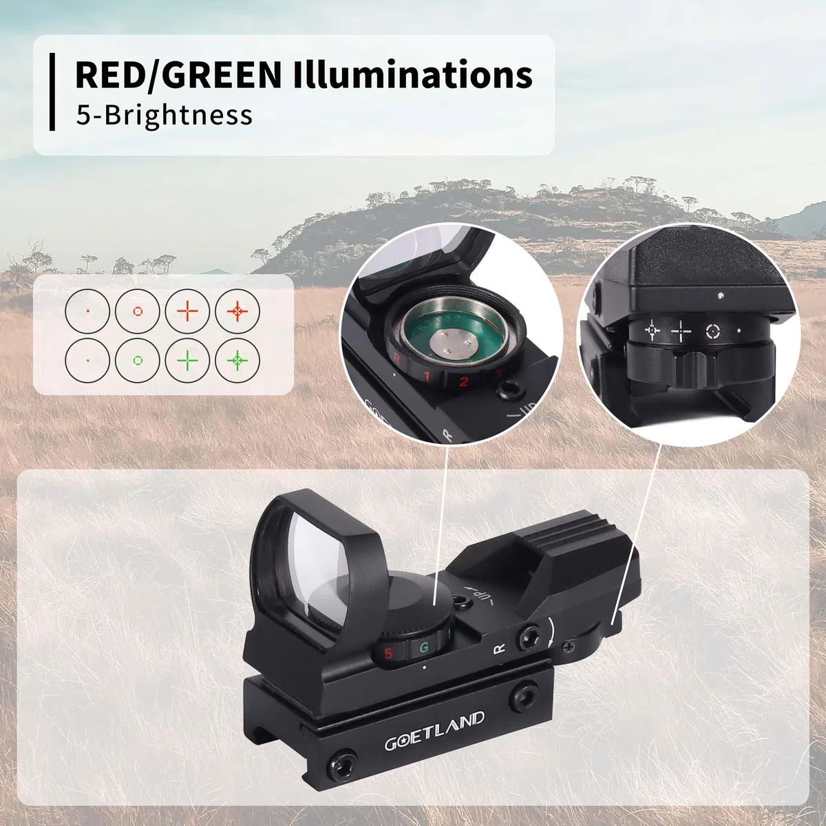 Goetland Gewehr Zielfernrohr 33mm Rotpunktvisier Red Dot Visier mit 4 Taktischen Rot Grün Schutz SFP 20mm Schiene für Airsoft Taktische Jagd Luftgewehr Sportschützen