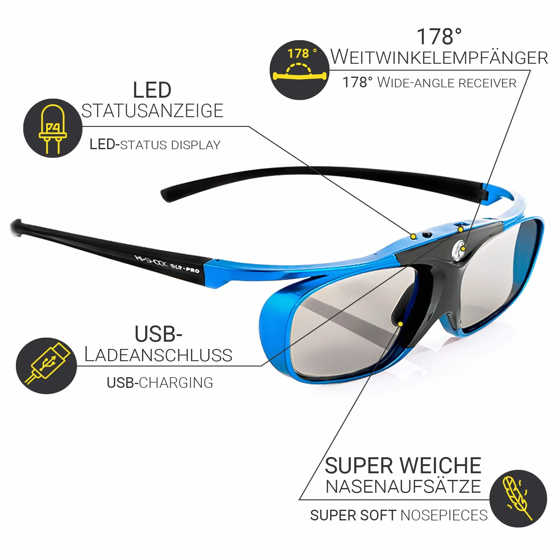 Hi-SHOCK DLP Pro 2X Blue Heaven | DLP Link 3D Brillen Set kompatibel mit DLP Beamer Acer, BenQ, Optoma, Viewsonic, Philips, Infocus, NEC, Vivitec, HiTachi, Canon, Casio, Largo | inkl. Dualcase