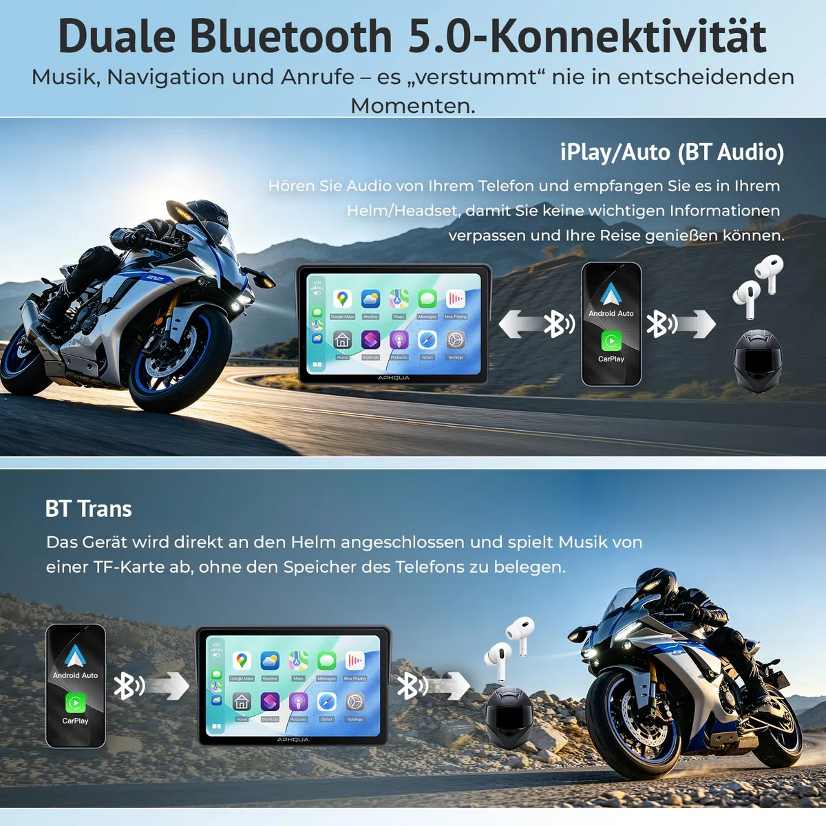 Motorrad Carplay Display 7 Zoll Wasserdichter Touchscreen, Reifendruckkontrollsystem (TPMS), Kabelloses CarPlay und Android Auto für Motorrad, Dual Bluetooth, GPS-Navigation