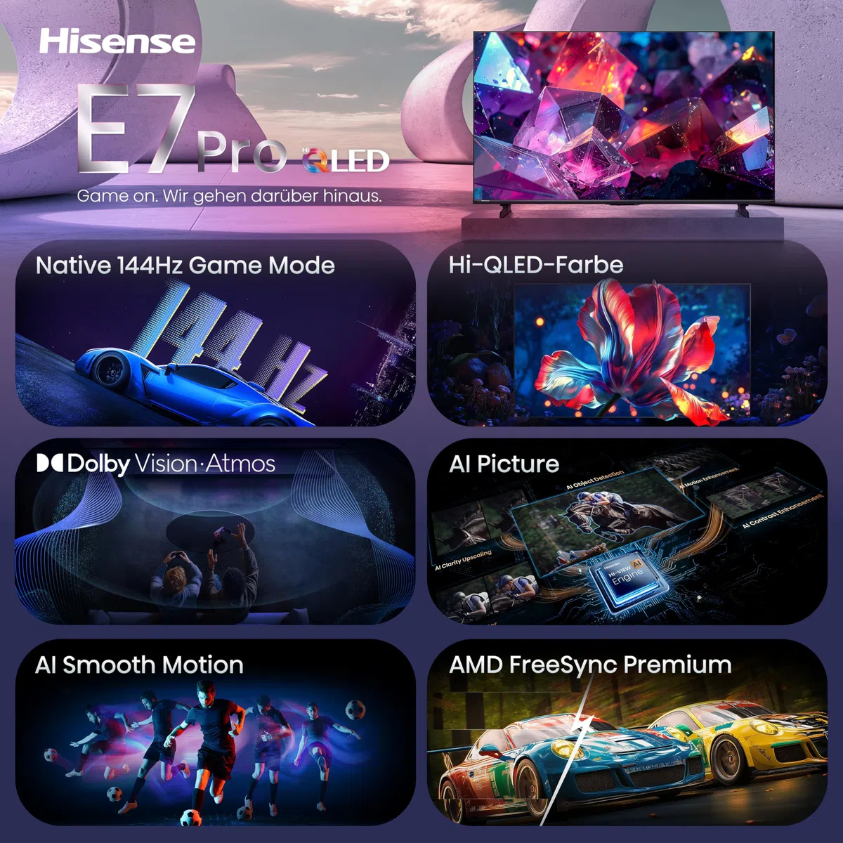 Hisense 65E7DS PRO Fernseher 65 Zoll, 4K UHD QLED, Smart TV, Hi-Concerto, 144Hz Game Mode, Hi-QLED Colour, Dolby Vision.Atmos, Filmmaker Mode, Dolby Audio, DTS Virtual: X, FreeSync Premium [2026]