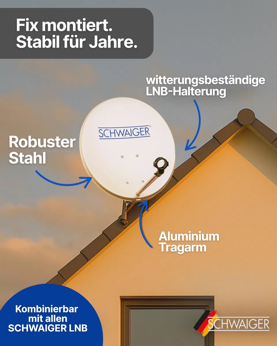 SCHWAIGER Satellitenschüssel Komplettset I Ø 60 cm Stahl Offset Antenne in Hellgrau I Inkl. Single LNB 1-Fach & HD SAT-Receiver mit Fernbedienung I Digital HD Empfang I Integrierte Kabelführung