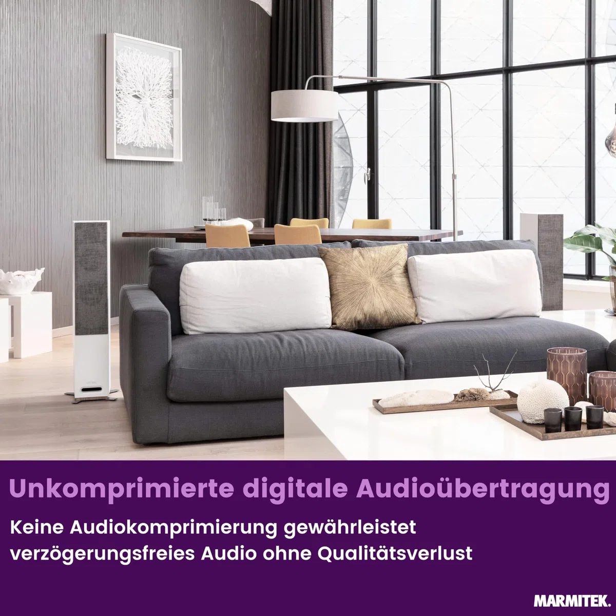 Marmitek Surround Anywhere 221 - Kabelloser Lautsprecher-Sender - Digitaler Audio-Sender ohne Latenz – integrierter Verstärker & Lautstärkeregelung – Surround Lautsprecher drahtlos | Rear Adapter für Heimkino, drahtlose Rücklautsprecher, Sender Empfänger
