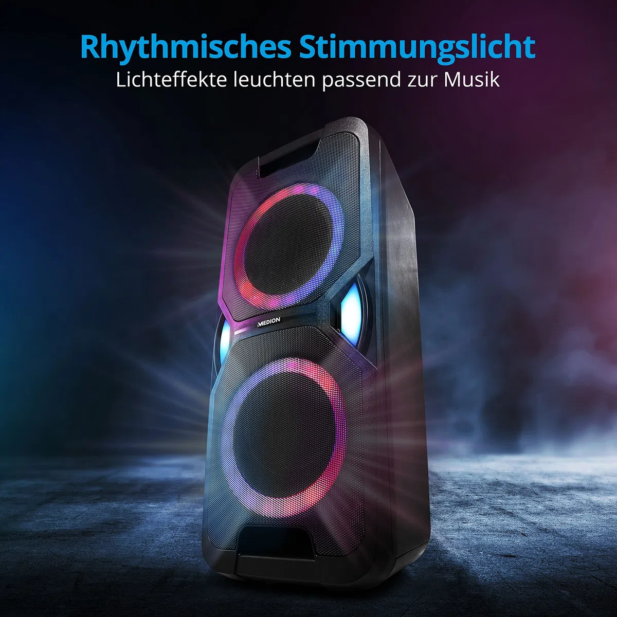 MEDION P67038 Party-Soundsystem (Partylautsprecher, Karaoke, Akku, UKW Radio, Bluetooth 5.0, Kompaktanlage, 2X 220 Watt, Farbige LED, USB, AUX, 2X Mikrofonanschluss)